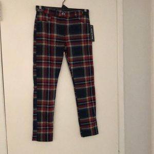 🆕Girls❤️🖤plaid woven zipfront Jean pant! River Island 8/10 black/red cotton/span